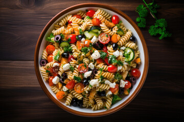 Top view of pasta salad with tomato broccoli olives and feta cheese