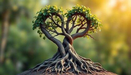 Heart-shaped tree with intertwined roots, symbolizing unbreakable bond, spring, wood