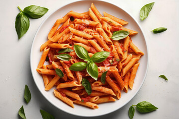 Top view of penne alla arrabiata with basil on a light background