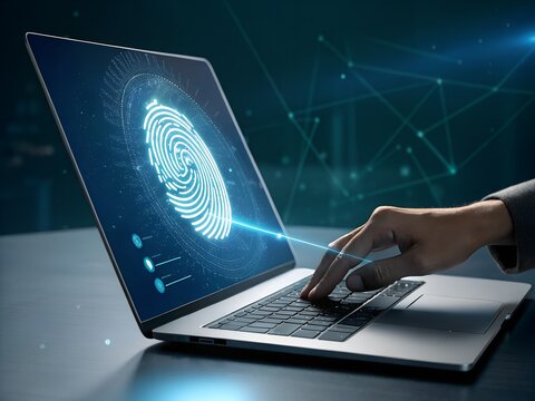 A person using a laptop with a glowing digital fingerprint scanner, symbolizing cybersecurity, biometric authentication, secure login, identity protection, and advanced digital access technology.
