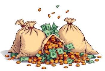 Hand-drawn illustration of overflowing money bags, scattered coins and crumpled bills,  bills,   financial
