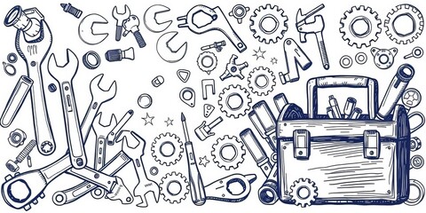Hand-drawn doodles of wrenches, screwdrivers, gears, and a toolbox, suggesting repair services,  cartoon,  retro