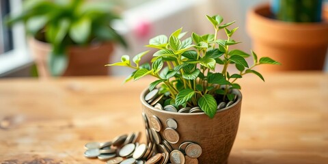 Growing money plant in pot, coins spilling from it,  short-term,  future