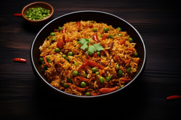 Top view of vegetarian Szechuan Rice with bell peppers green beans and carrot in a black bowl on a dark slate background