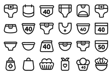 Editable stroke outline icons set of diaper features isolated on transparent background