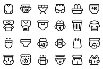 Editable stroke outline icons set of diaper features isolated on transparent background