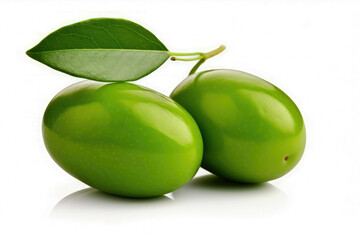 Obraz premium Two green olives with leaves on white background isolated
