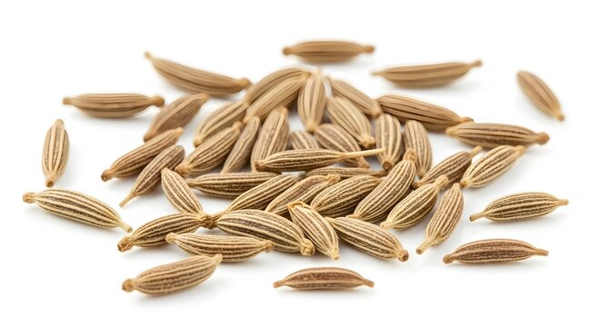 A scattered pile of brown cumin seeds on a white surface in a close up studio shot