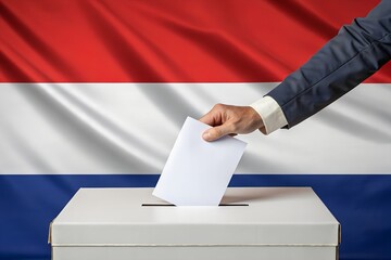 Male hand inserting a white paper in ballot box with national flag of Netherlands