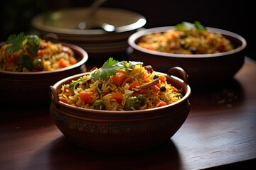 Vegetable dishes like Indian biryani and pulav served in a terracotta bowl