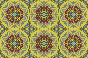 Traditional Thai art seamless circle floral pattern in damask style motifs suitable for tile, textile, clothing, curtain, wallpaper and fabric design isolated illustration vector archive EPS file.