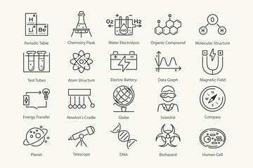 Vector  set of line science icons. Includes lab tools, molecules, telescope, microscope, virus, atom, and chemistry elements. Perfect for educational design.