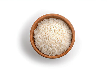 White rice and paddy rice in wooden bowl with rice ear seen from above on white backdrop