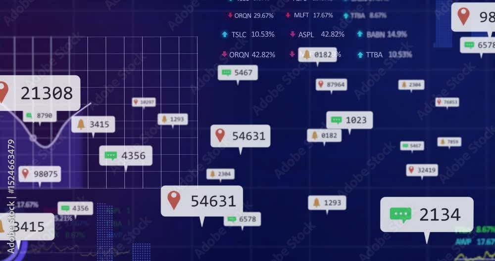Aufkleber location pins sliding in after dashboard load, pulsing highlights marking dynamic data trends
