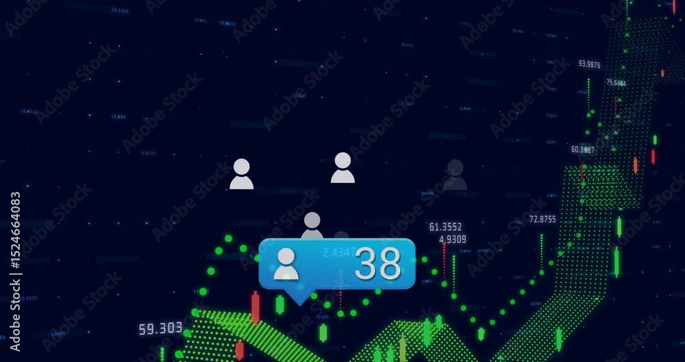 Poster bubble fading into view as dotted line graph animating user count growth and displaying analytics