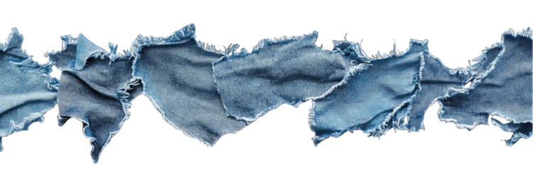 Ripped denim scraps in a row