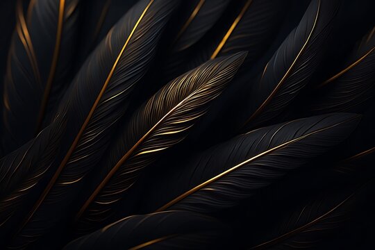 Fototapeta Elegant black feathers with golden veins: a luxurious abstract background design