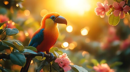 Colorful parrot in garden sunlight
