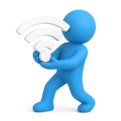 3D Blue Figure Holding Wifi Symbol Connecting to Wireless Internet