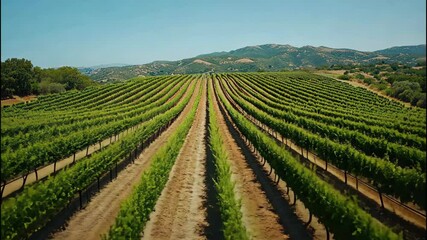 Sunny vineyard with rows of grape vines under bright blue sky and warm afternoon light
