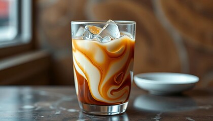 Glass of iced coffee with creamy swirls, condensation,  milk,  glass