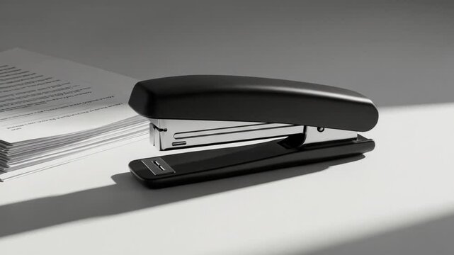 Black stapler on desk with documents in soft light