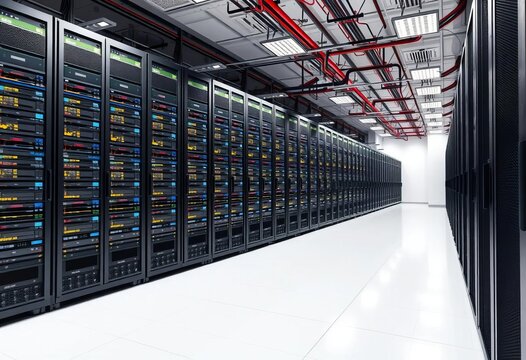 Gigantic server room with countless hard drives, cables, and blinking lights, isolated on white,   big data analytics,  data center