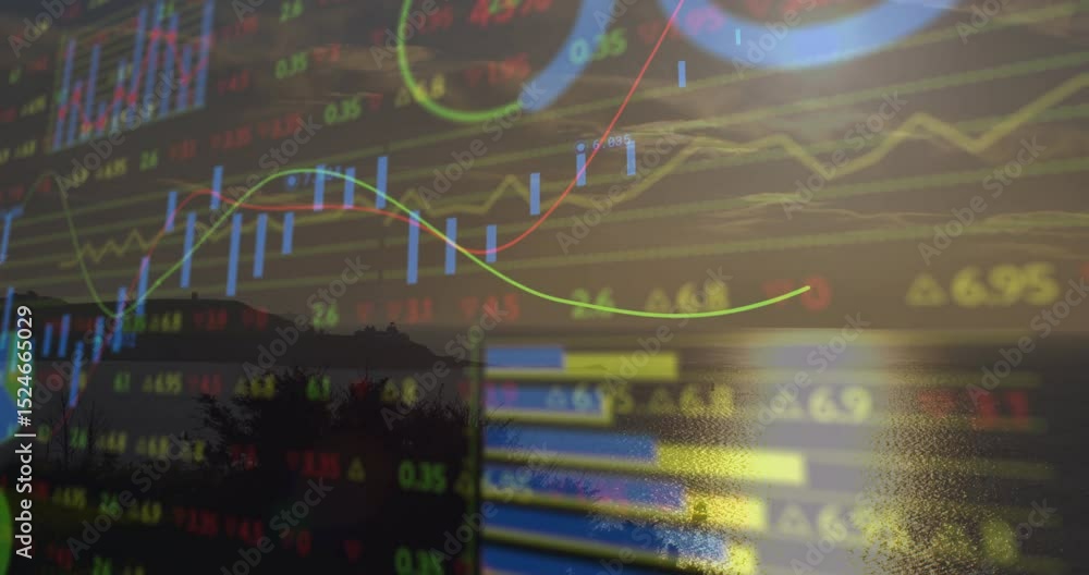 Poster loading financial chart causing curves and candlesticks moving for market visualization on sunset