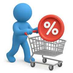 3D Cartoon Character Pushing Shopping Cart with Percentage Sign Discount