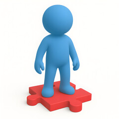 3D Blue Figure Standing on a Red Puzzle Piece, Solution, Success, and Teamwork Concept