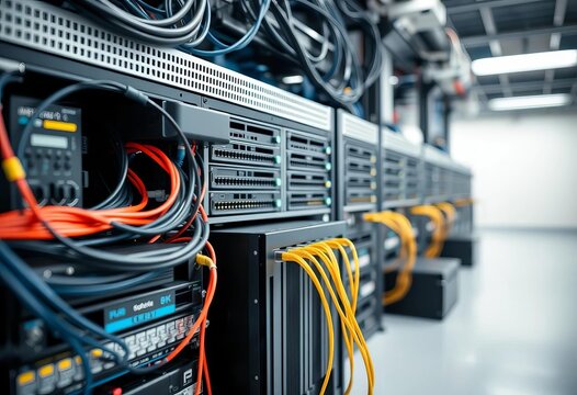Flat lay of server components, cables, and network devices,  SSD,   abstract