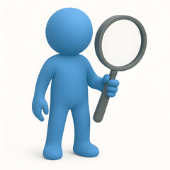 3D Blue Character Holding a Magnifying Glass Research, Investigation, and Discovery Concept