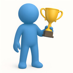 3D Blue Figure Holding Golden Trophy, Success, Achievement, and Victory