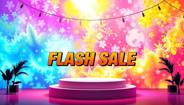 Flash sale banner with empty podium on vibrant background for product display, modern, vibrant