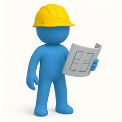 Blue 3D Construction Worker Holding Blueprint
