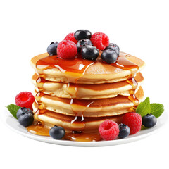  Stack of Pancakes with Syrup and Berries on White Background