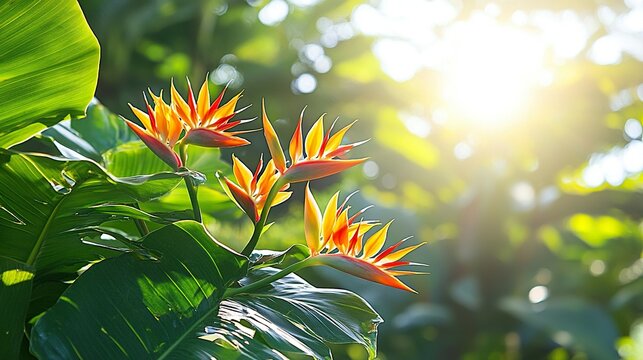 Tropical Bird of Paradise flowers backlit by sun