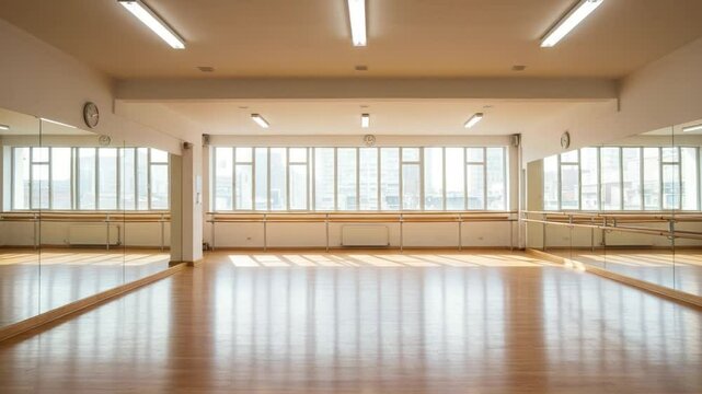Bright dance studio with wooden floor and mirrors