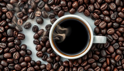 Fototapeta premium Dark roasted coffee beans frame a steaming cup, cafe, delicious
