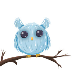 Vector illustration of a fluffy blue owl with big dark eyes sitting on a dry branch. Suitable for kids books, animal themes, forest designs, learning materials and nursery decor