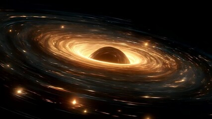 A black hole surrounded by an accretion disk emitting bright golden light in a dark starry space (AI Video) - Powered by Adobe