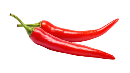  Two bright red chili peppers with green stems on transparent background