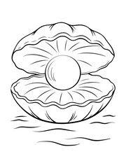 black and white clam shell with pearl line drawing illustration
