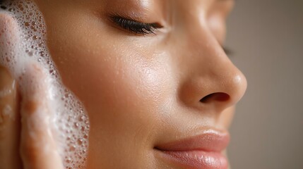 Natural skincare in action for everyday A close-up of a woman enjoying a facial cleansing routine, showcasing her serene expression and soap bubbles.