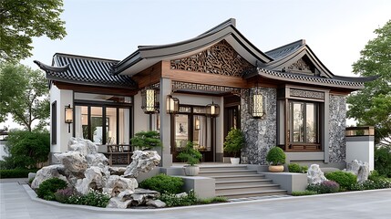 Fototapeta premium Zen garden in front of decorative chinese style house high resolution image