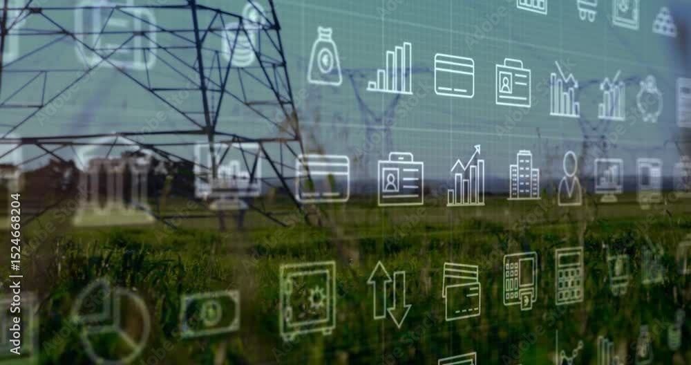Poster on load icon grid scrolling left pulsing piggybank panning across towers showing agri-finance link
