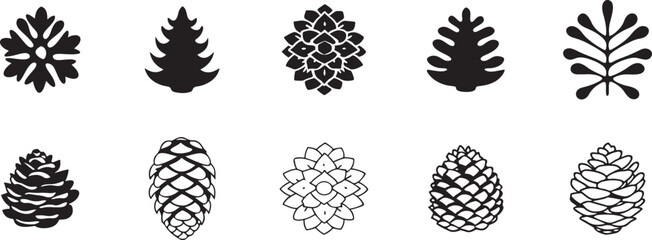 Fototapeta premium Pine Cone Icons. Vector Set of Outlines and Silhouettes for Nature and Holiday Designs.