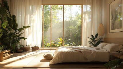 Bright, serene bedroom with plants and sunlight.