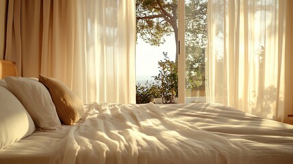 Cozy bedroom with soft sunlight streaming in.