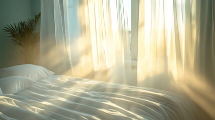 Sunlight streaming through soft curtains in bedroom.